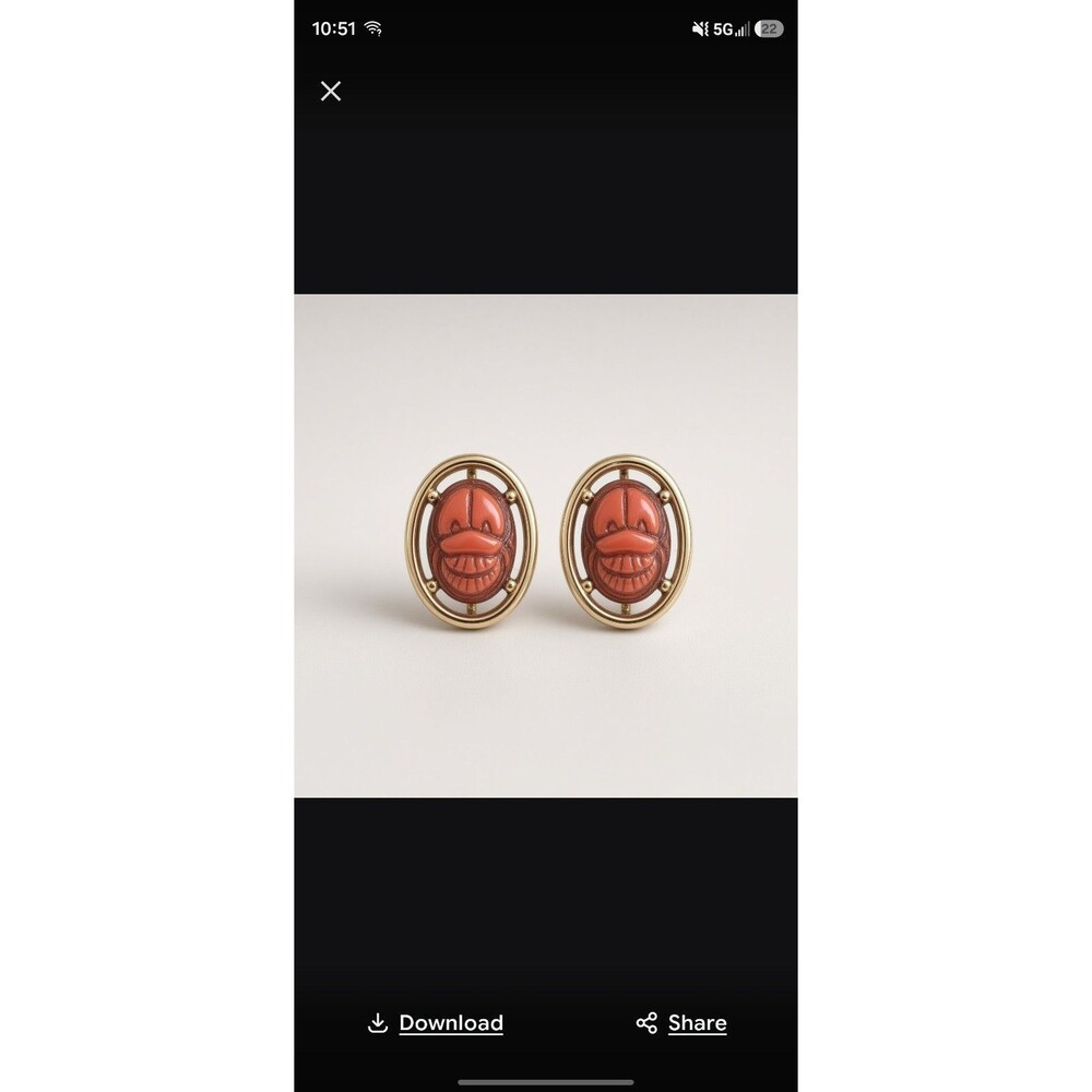 Vintage Carved Coral Scarab Clip On Earrings Gold Tone Oval Egyptian Revival